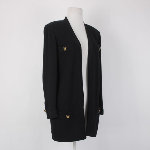 St John Basics Wrap Sz S Black Gold Logo Pockets Santana Knit Wrap Sweater