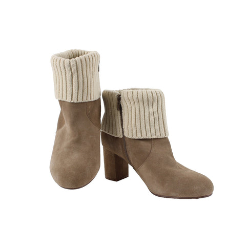 Torrid Sz 11 Wide NEW $89 Tan Suede Cream Knit Cuff Rubber Sole 3" Heel Bootie