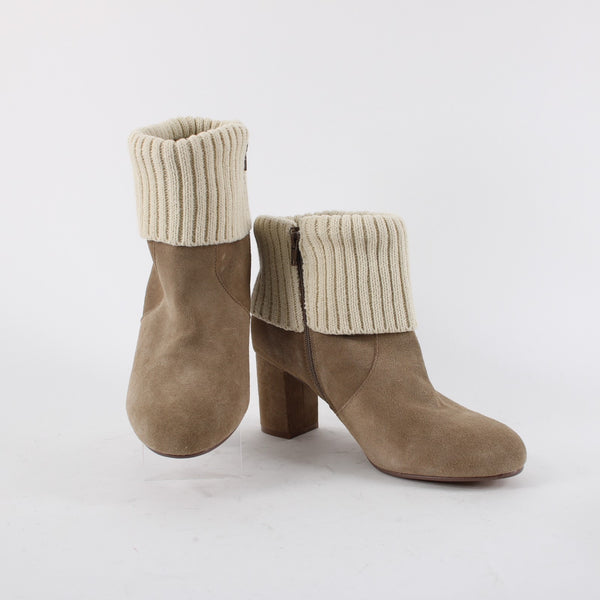 Torrid Sz 11 Wide NEW $89 Tan Suede Cream Knit Cuff Rubber Sole 3" Heel Bootie