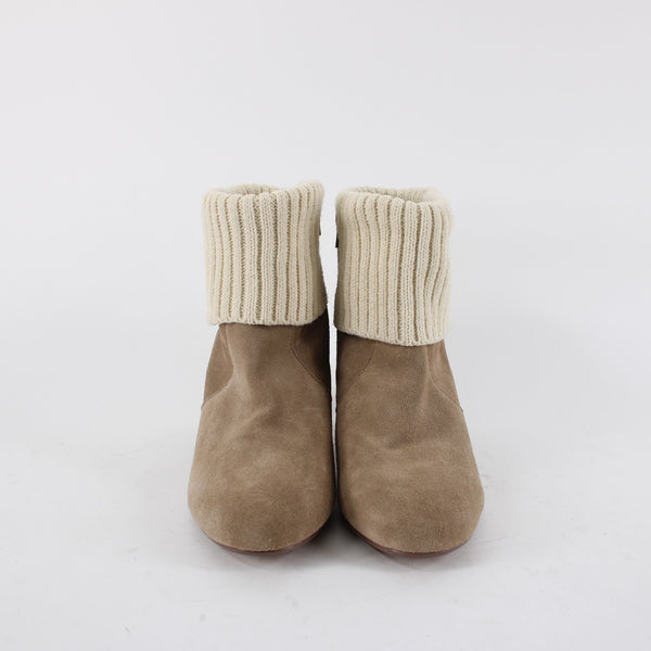 Torrid Sz 11 Wide NEW $89 Tan Suede Cream Knit Cuff Rubber Sole 3" Heel Bootie