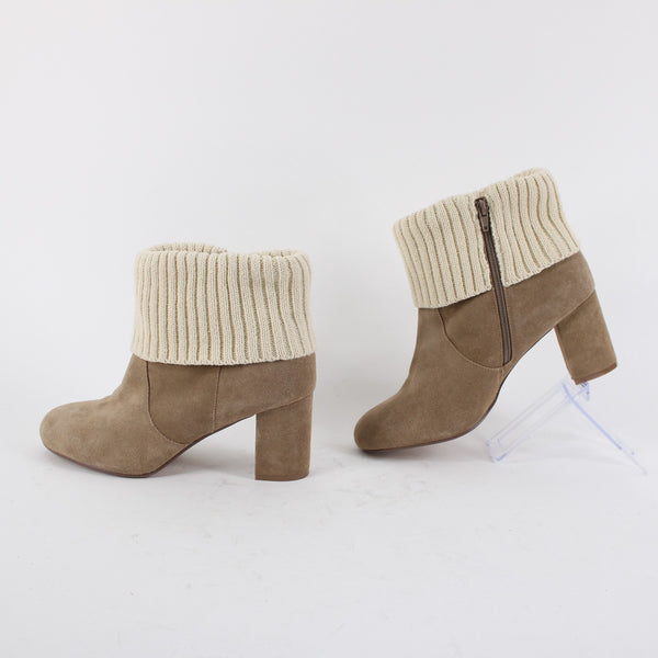 Torrid Sz 11 Wide NEW $89 Tan Suede Cream Knit Cuff Rubber Sole 3" Heel Bootie
