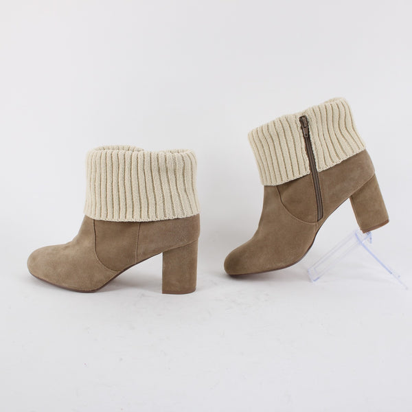 Torrid Sz 11 Wide NEW $89 Tan Suede Cream Knit Cuff Rubber Sole 3" Heel Bootie