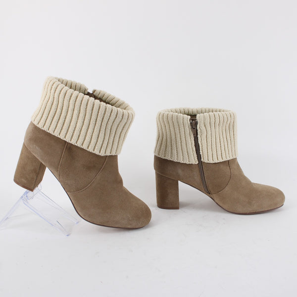 Torrid Sz 11 Wide NEW $89 Tan Suede Cream Knit Cuff Rubber Sole 3" Heel Bootie