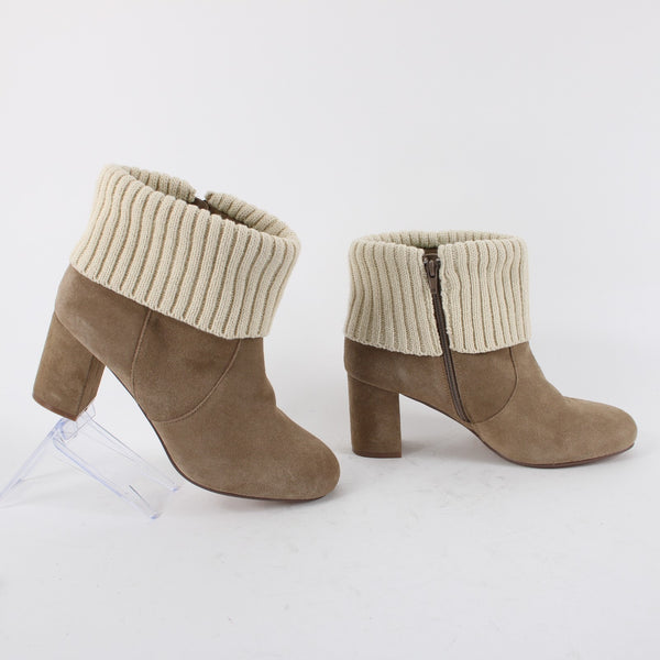 Torrid Sz 11 Wide NEW $89 Tan Suede Cream Knit Cuff Rubber Sole 3" Heel Bootie