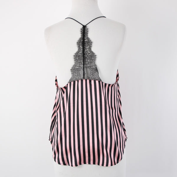 Victorias Secret NEW $43 Sz SP Pink Black Lace Striped 100% Polyester Nighty Top