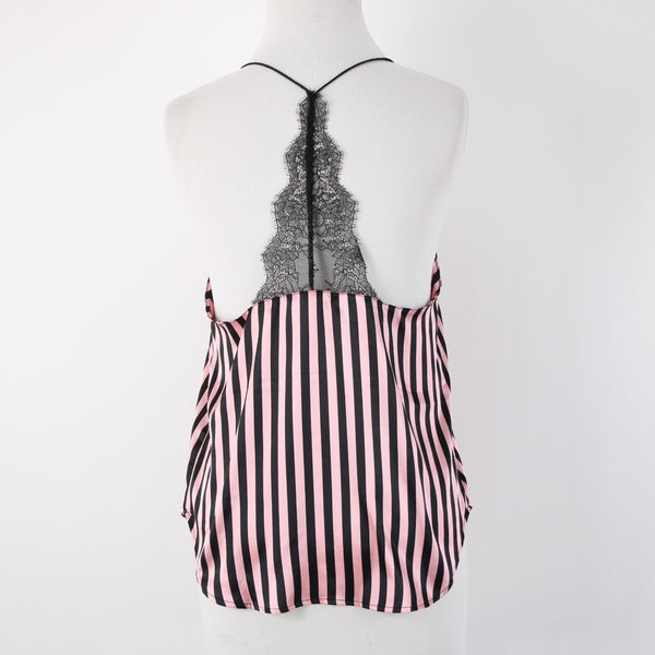 Victorias Secret NEW $43 Sz SP Pink Black Lace Striped 100% Polyester Nighty Top