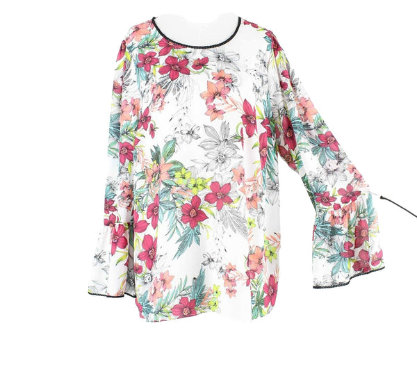 Worthington Sz 0X White Multi Bell Sleeve 100% Polyester Top