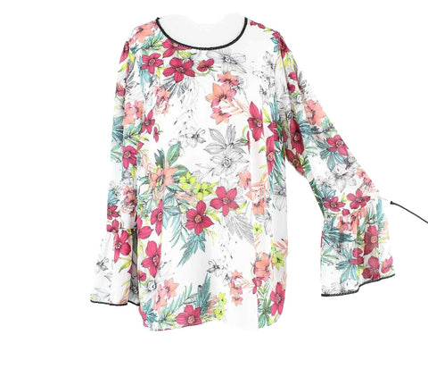 Worthington Sz 0X White Multi Bell Sleeve 100% Polyester Top