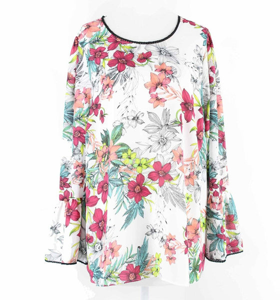 Worthington Sz 0X White Multi Bell Sleeve 100% Polyester Top