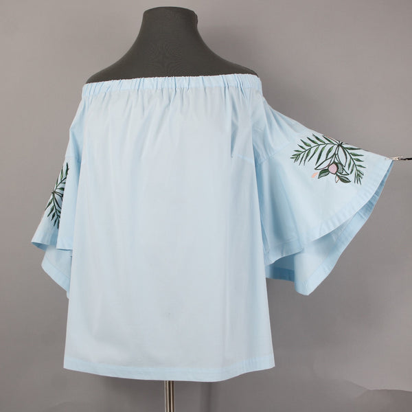 Lane Bryant Top NEW $60 Sz 18/20 Blue Green Embroidered Off Shoulders Cotton Top