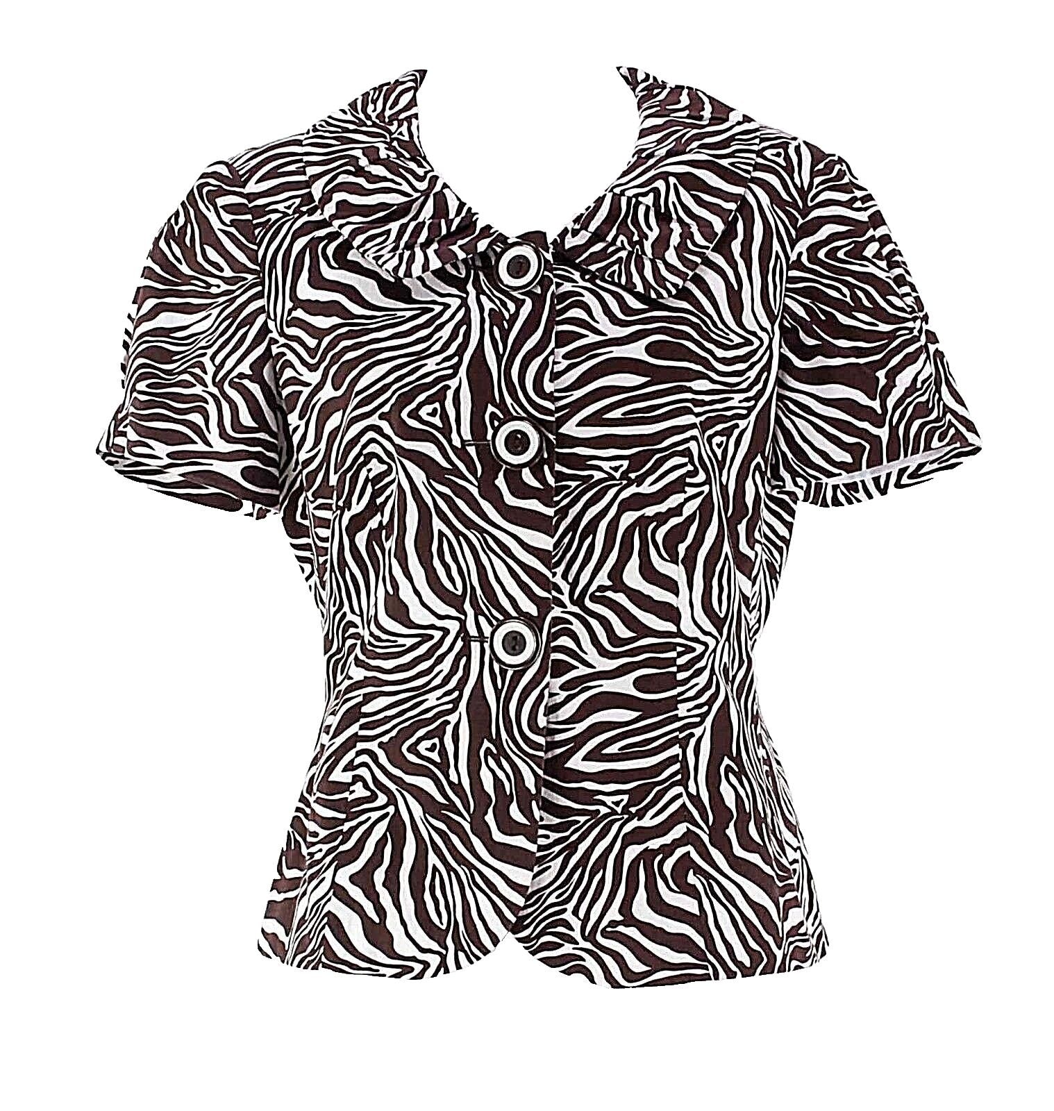 NYP Sz 8 Brown White Cotton Blend Short Sleeve Animal Print Lined Blazer