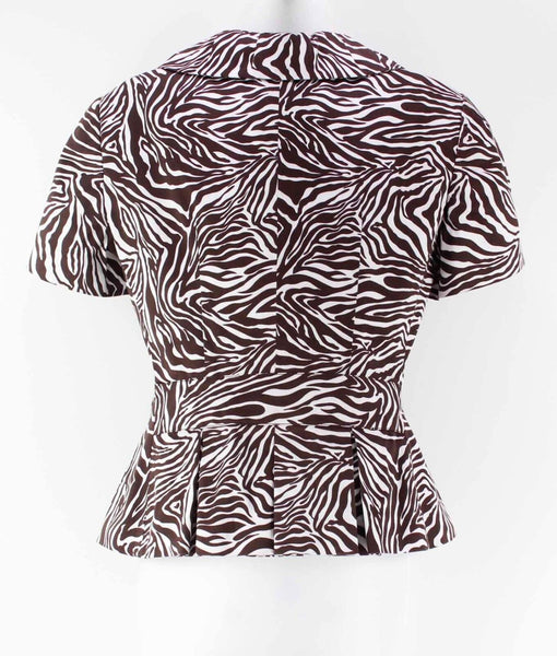 NYP Sz 8 Brown White Cotton Blend Short Sleeve Animal Print Lined Blazer