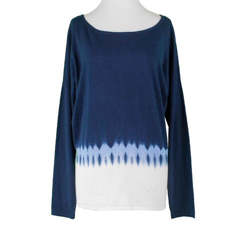 Vince Coverings NEW $194 Sz S Navy Blue Multi Tie Dye Boatneck Cotton Knit Top