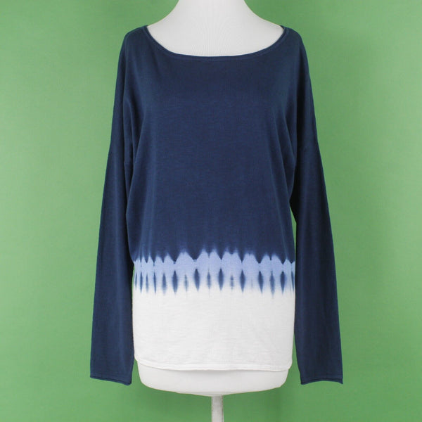 Vince Coverings NEW $194 Sz S Navy Blue Multi Tie Dye Boatneck Cotton Knit Top