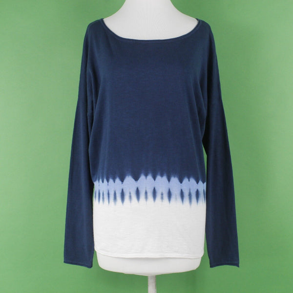 Vince Coverings NEW $194 Sz S Navy Blue Multi Tie Dye Boatneck Cotton Knit Top
