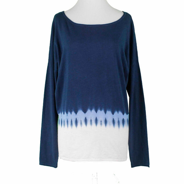 Vince Coverings NEW $194 Sz S Navy Blue Multi Tie Dye Boatneck Cotton Knit Top