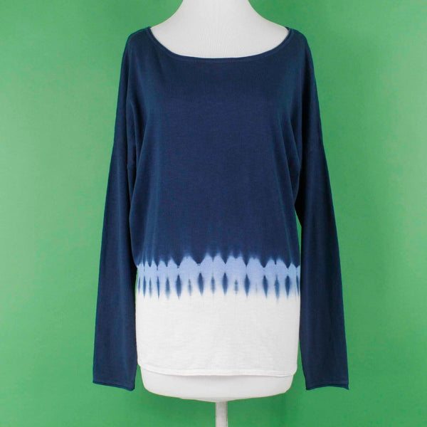 Vince Coverings NEW $194 Sz S Navy Blue Multi Tie Dye Boatneck Cotton Knit Top