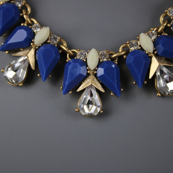 J Crew Goldtone Blue Rhinestones 17" Ext. 2" Statement Necklace