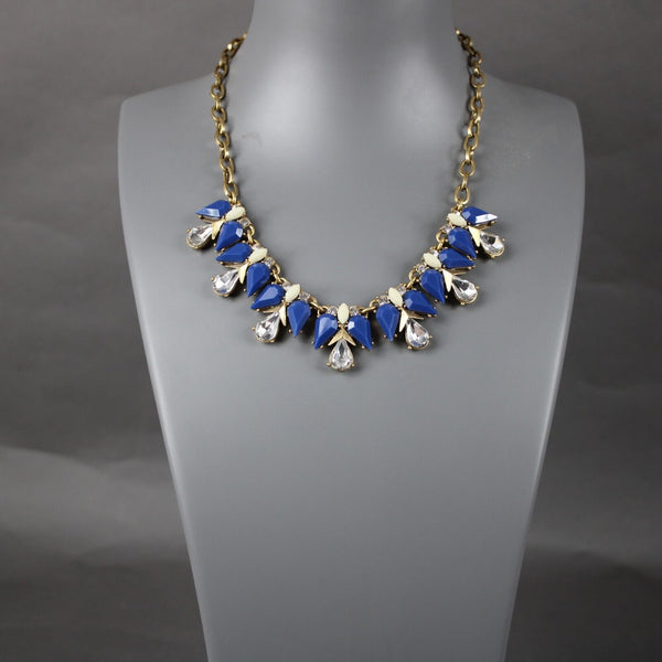 J Crew Goldtone Blue Rhinestones 17" Ext. 2" Statement Necklace