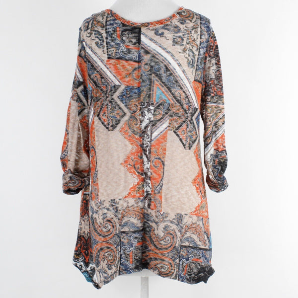Studio Sz S Aqua Orange Multi Scoop Patch Pockets Asymmetric Poly Blend Knit Top