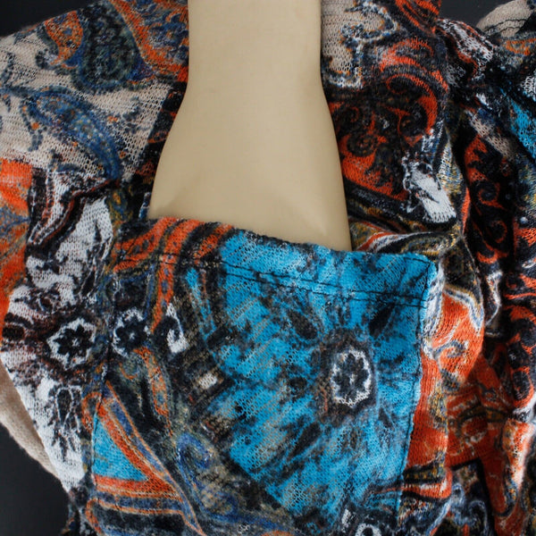 Studio Sz S Aqua Orange Multi Scoop Patch Pockets Asymmetric Poly Blend Knit Top