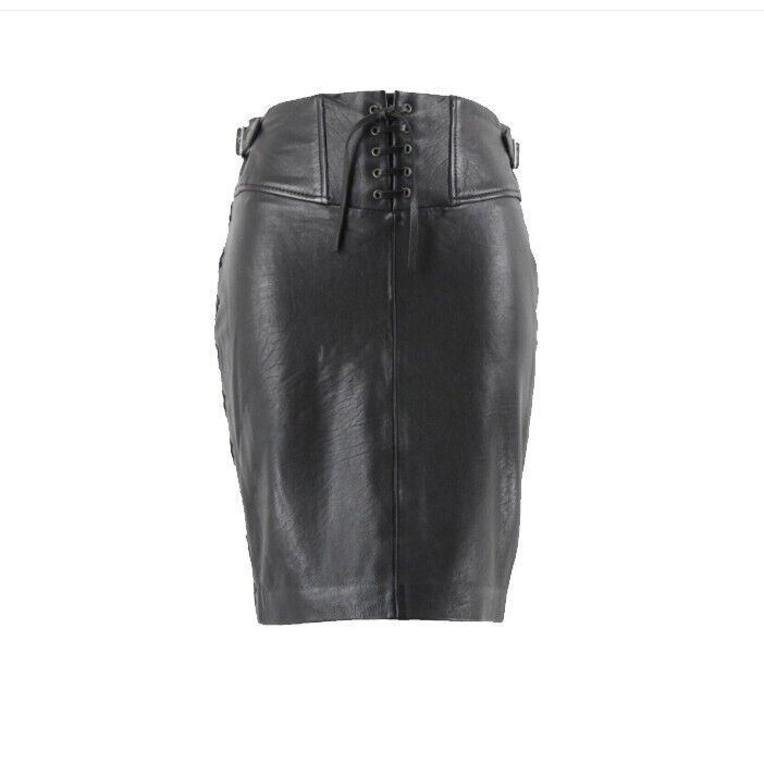 Set NEW Sz 2 Black Straight Corset Lace Front Sides Zip Back Leather Skirt