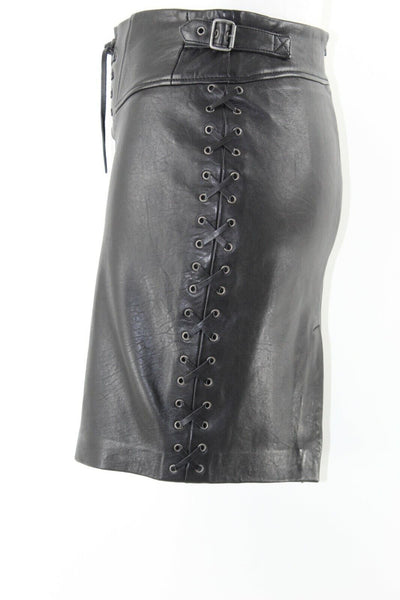 Set NEW Sz 2 Black Straight Corset Lace Front Sides Zip Back Leather Skirt