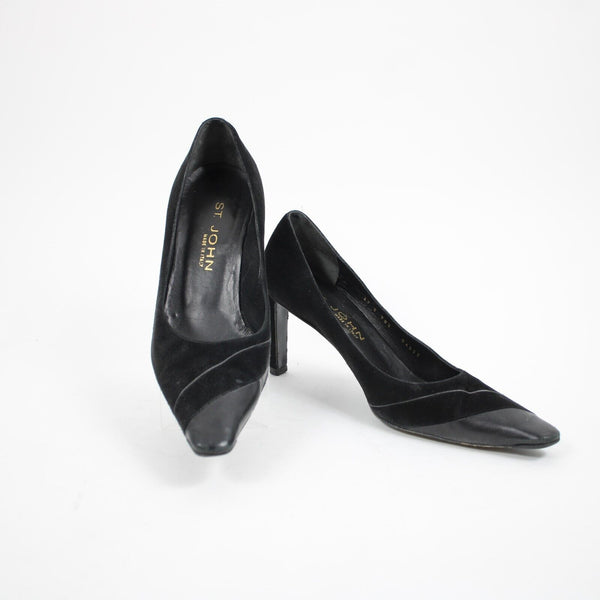 St John Sz 39 Black Closed Toe Fabric Upper Leather Inner AS IS 3.5" Heel