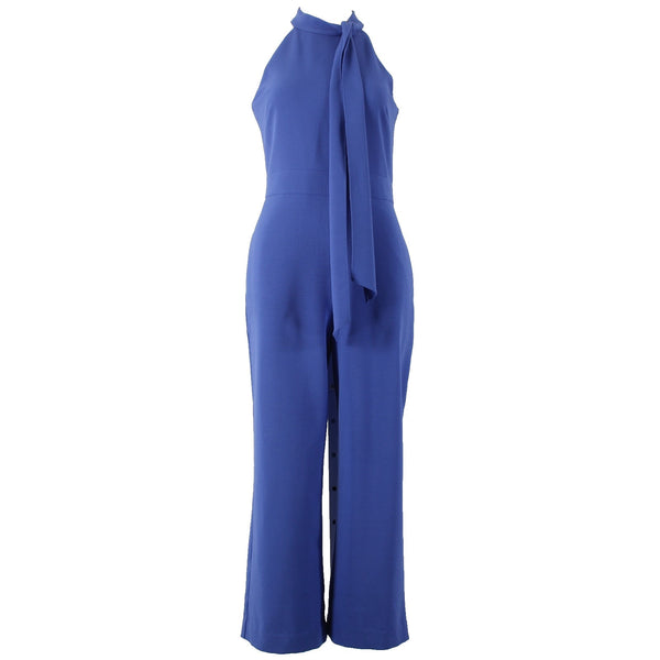 Vince Camuto Jumpsuit Sz 4 x 25 Blue Collared Tie Pockets Poly Spandex Jumpsuit