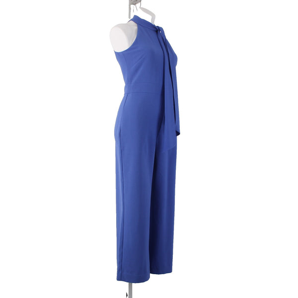 Vince Camuto Jumpsuit Sz 4 x 25 Blue Collared Tie Pockets Poly Spandex Jumpsuit