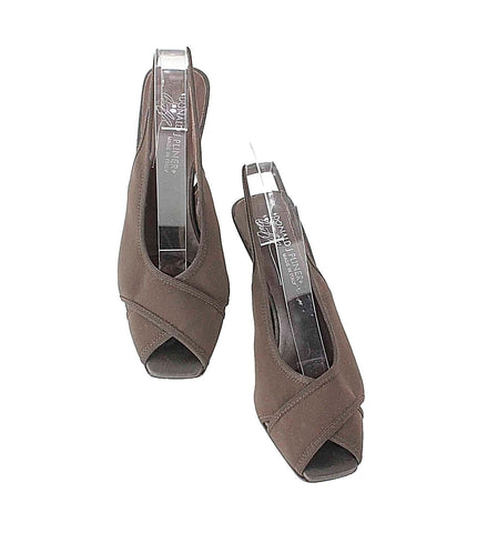 Donald Pliner Sz 8 Brown Crepe Elastic Open Toe Slingback 3" Wedge Heel