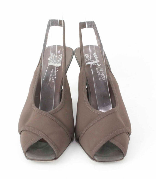 Donald Pliner Sz 8 Brown Crepe Elastic Open Toe Slingback 3" Wedge Heel