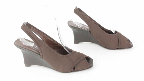 Donald Pliner Sz 8 Brown Crepe Elastic Open Toe Slingback 3" Wedge Heel
