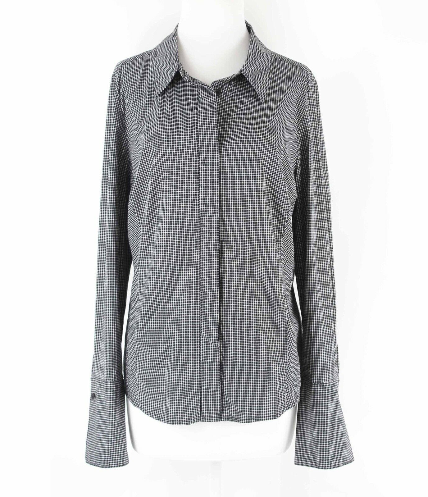 Lane Bryant Sz 16 Black White Check Hidden Button Up Cuffs Cotton Blend Top