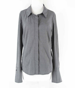Lane Bryant Sz 16 Black White Check Hidden Button Up Cuffs Cotton Blend Top