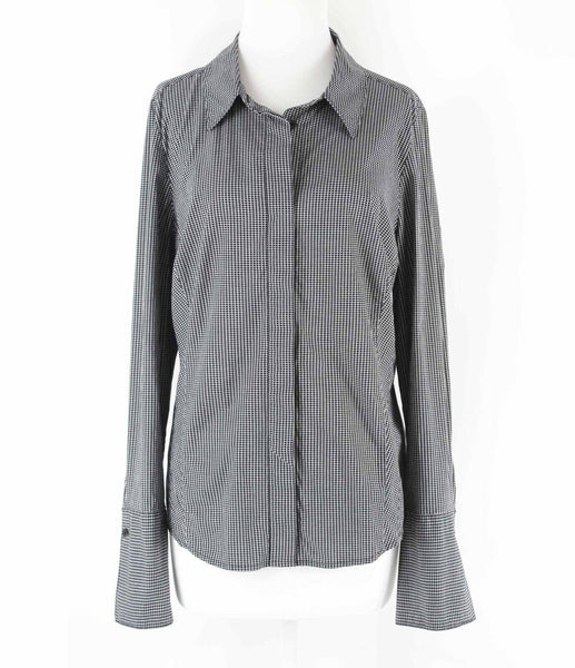 Lane Bryant Sz 16 Black White Check Hidden Button Up Cuffs Cotton Blend Top