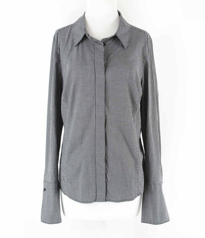 Lane Bryant Sz 16 Black White Check Hidden Button Up Cuffs Cotton Blend Top