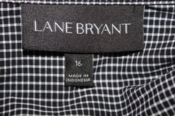 Lane Bryant Sz 16 Black White Check Hidden Button Up Cuffs Cotton Blend Top