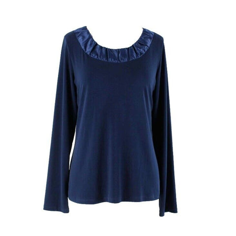 Susan Graver Style Sz S Navy Blue Gathered Neck Satin Trim Polyester Blend Top