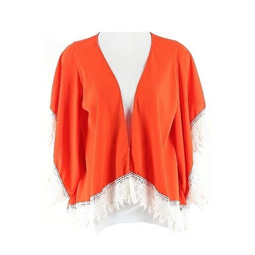 My Story Sz S Orange Cream Lace Trimed Polyester Kimono Sleeve Poly Wrap Jacket