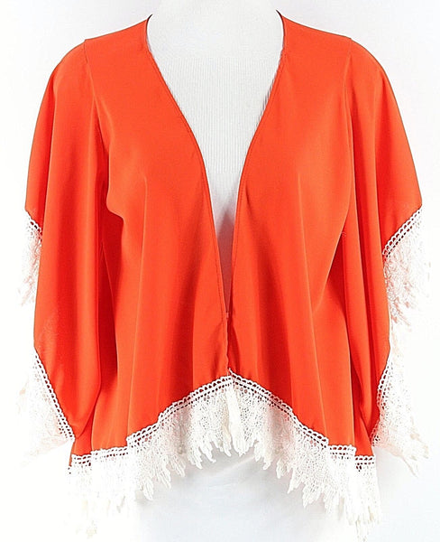 My Story Sz S Orange Cream Lace Trimed Polyester Kimono Sleeve Poly Wrap Jacket