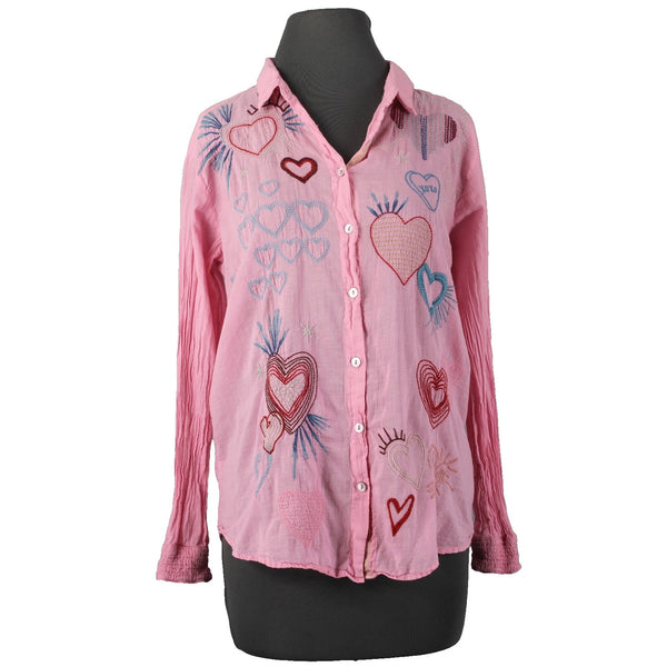 Johnny Was Workshop Top Sz S Pink Multi Color Embroid Hearts 100% Cotton Poly