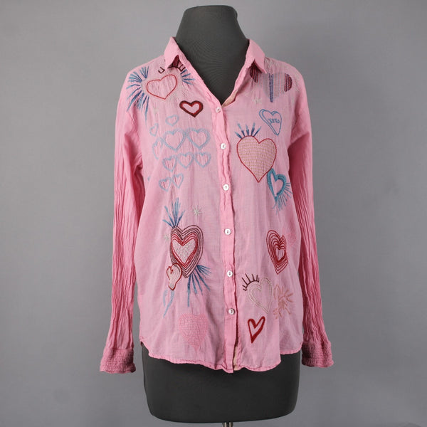 Johnny Was Workshop Top Sz S Pink Multi Color Embroid Hearts 100% Cotton Poly