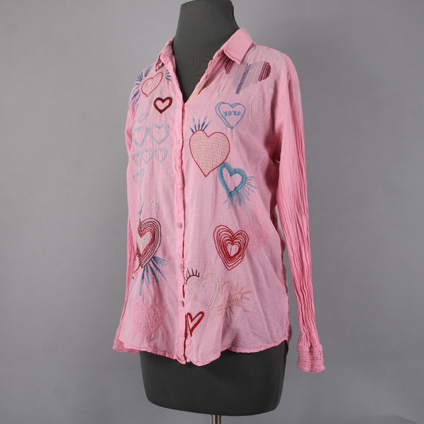 Johnny Was Workshop Top Sz S Pink Multi Color Embroid Hearts 100% Cotton Poly