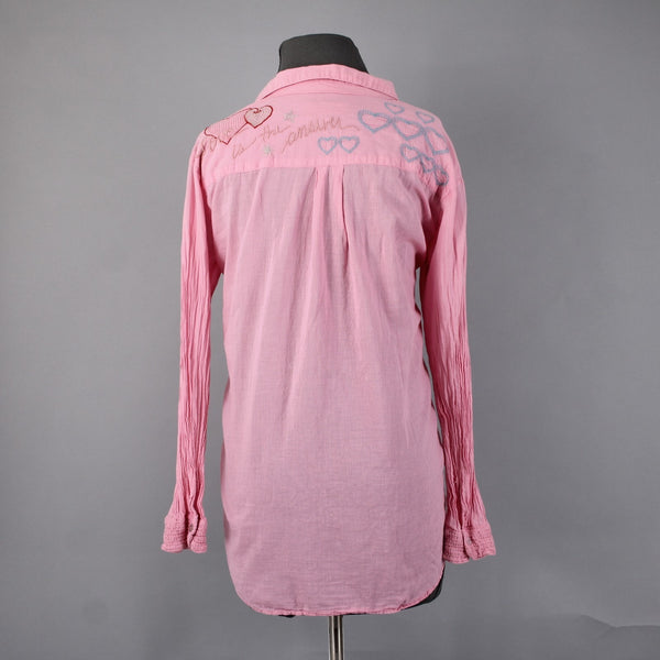 Johnny Was Workshop Top Sz S Pink Multi Color Embroid Hearts 100% Cotton Poly