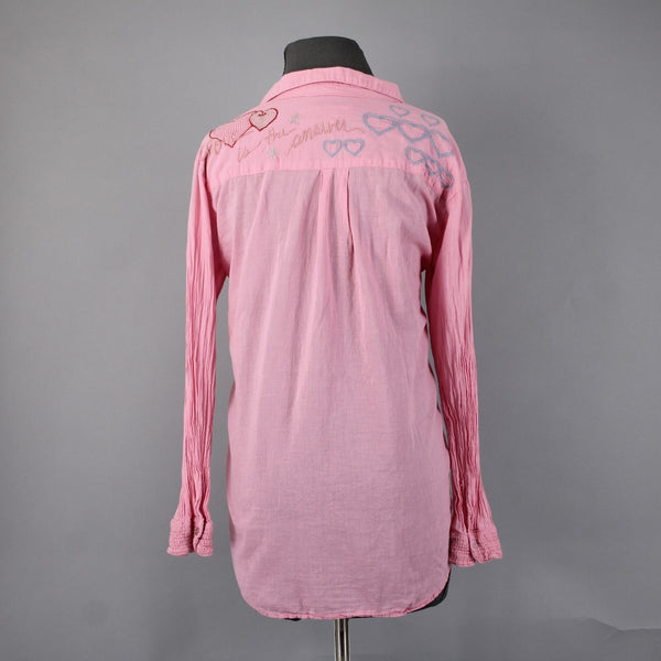 Johnny Was Workshop Top Sz S Pink Multi Color Embroid Hearts 100% Cotton Poly