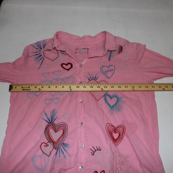 Johnny Was Workshop Top Sz S Pink Multi Color Embroid Hearts 100% Cotton Poly