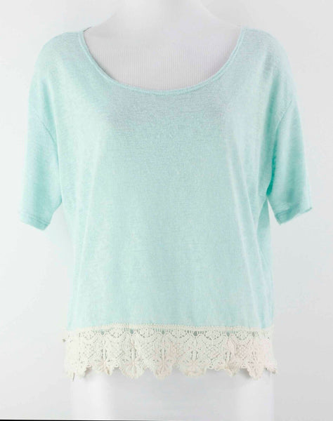 Happening In The Present Sz M Aqua Cream Lace Detail Knit Rayon Blend Boho Top