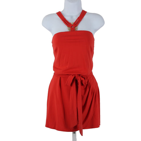 Cache NEW $138 Sz M Coral Pink Goldtone Hardware Belted Rayon Spandex Romper