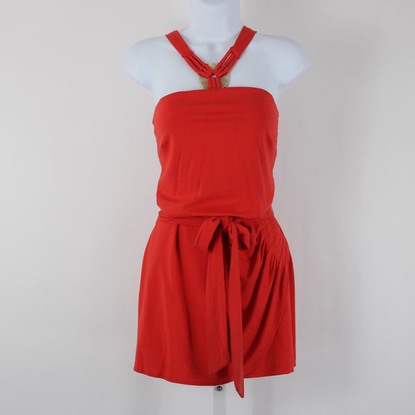 Cache NEW $138 Sz M Coral Pink Goldtone Hardware Belted Rayon Spandex Romper